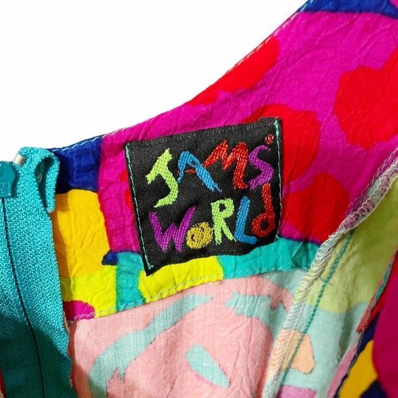 Sz 7 Vintage Colorful Rainbow Tie Front Dress Hawaiian Jams World Crushed Rayon - Picture 7 of 8
